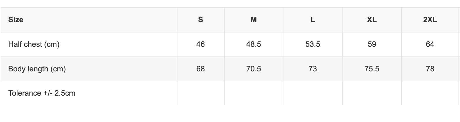 FL T SHIRT SIZE INFO